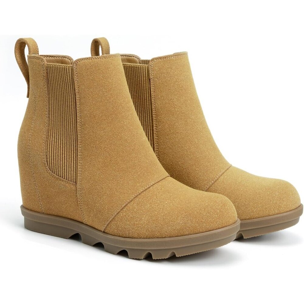 Athlefit Women's Light Brown Faux Leather Wedge Comfortable Ankle Wedge Booties